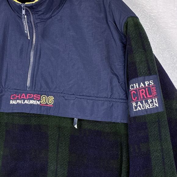 VTG 90s Ralph Lauren Chaps 1/4 Zip Jacket Men L Green Plaid Fleece Oversized USA - Picture 1 of 9